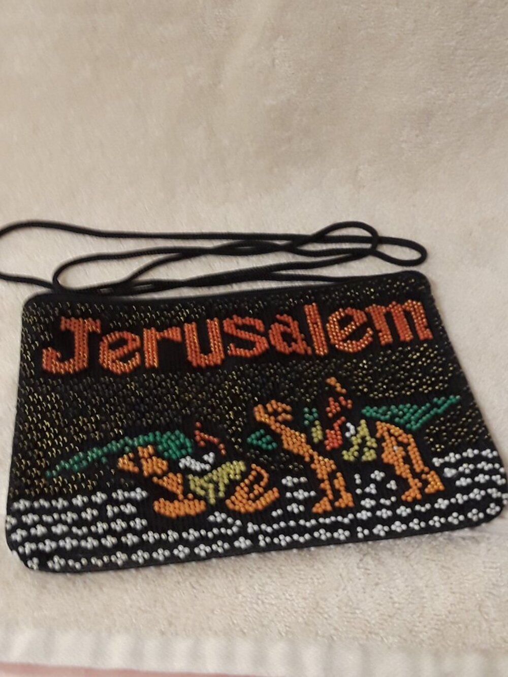 Beaded Jerusalem Bag Israel, Zipper, Long Strap Small Holy Land Souvenir Collect